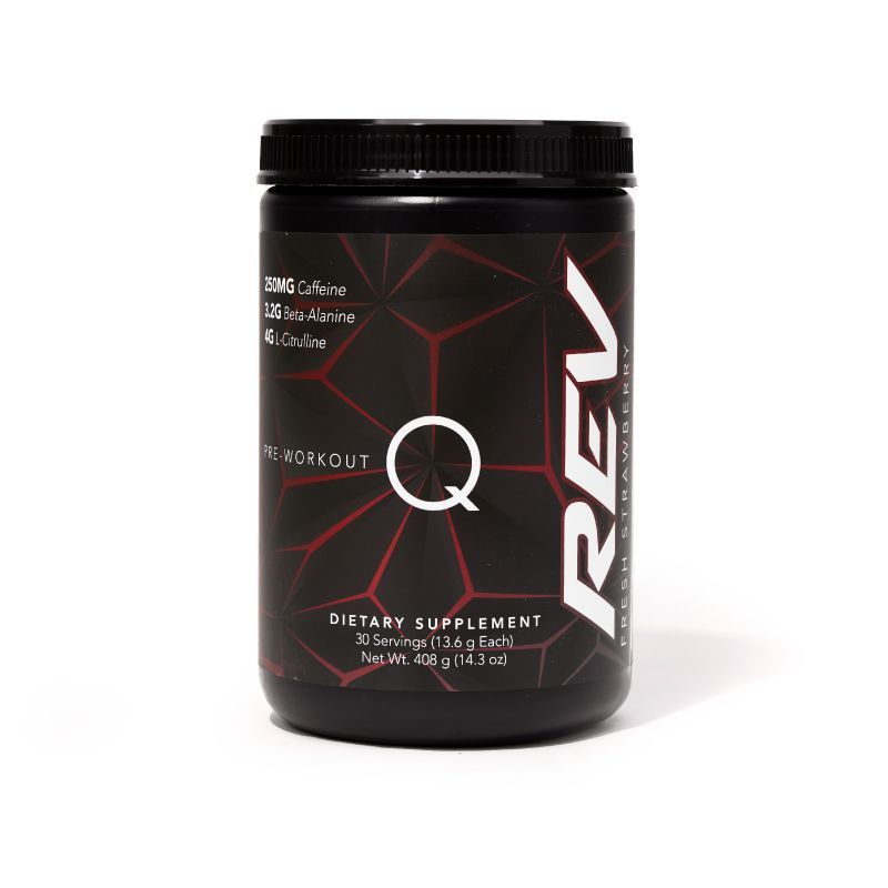 Black container of pre-workout supplement with red geometric design. Text highlights 250mg caffeine, beta-alanine, citrulline. Bold and energizing look.