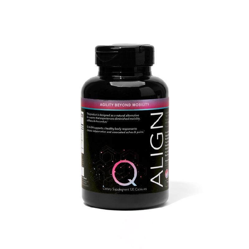 Black supplement bottle labeled "ALIGN" with pink accents, featuring a Q logo. Promotes agility and reduces discomfort. White background, shadow cast.