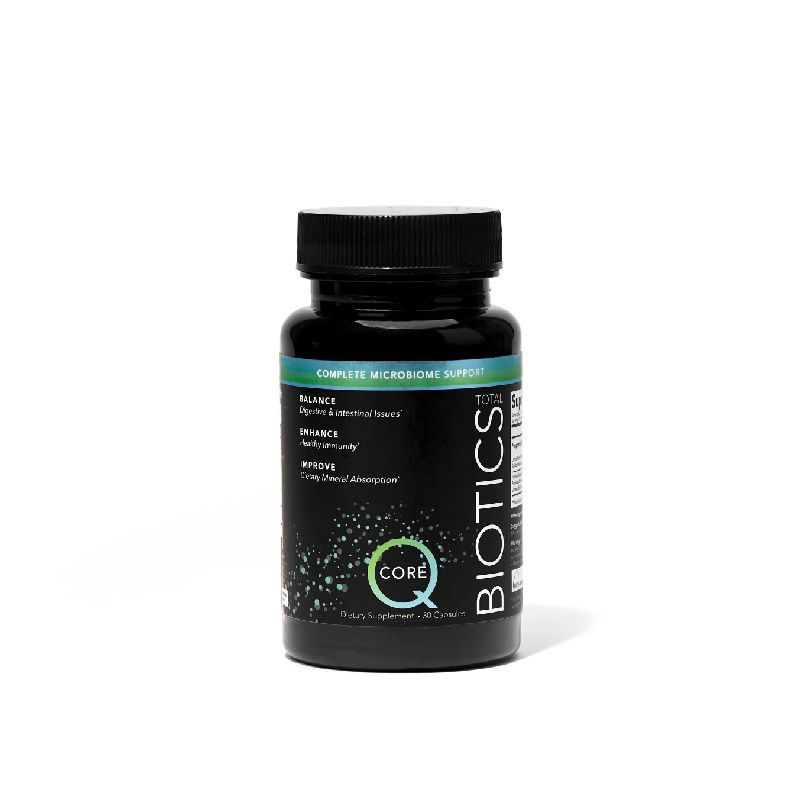 Black bottle of Core Biotics, featuring a teal label that reads "Complete Microbiome Support." Highlights balance, enhance, and improve health benefits.