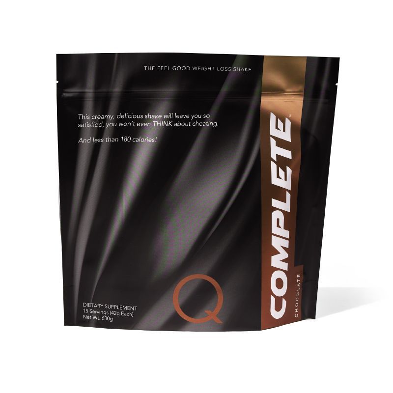 Matte black and brown Q Complete shake bag with white text. Describes as a delicious, low-calorie weight loss supplement with 15 servings.