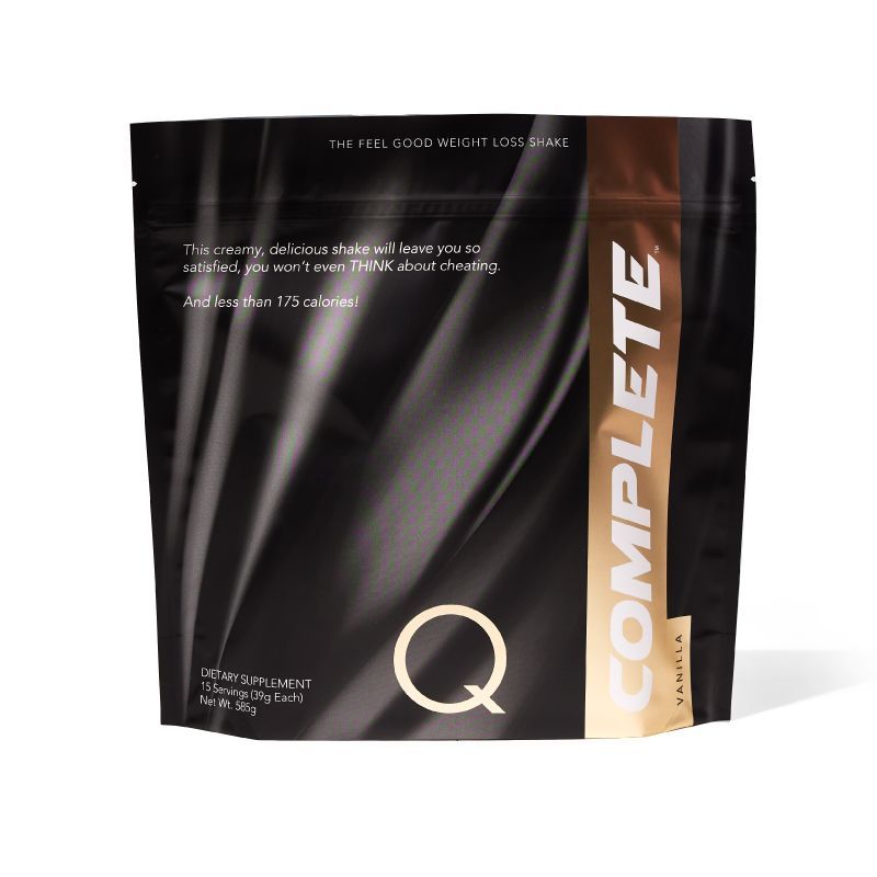 A black and gold pouch labeled "Complete" contains vanilla weight loss shake. Words promise satisfaction with under 175 calories. Sleek and enticing.