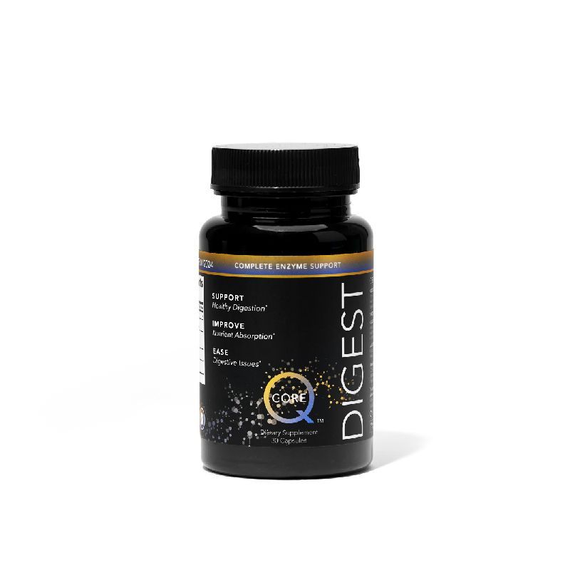 Black bottle with "DIGEST" label in white text, features benefits like digestion support. Yellow accents, enzyme supplement, neutral background.