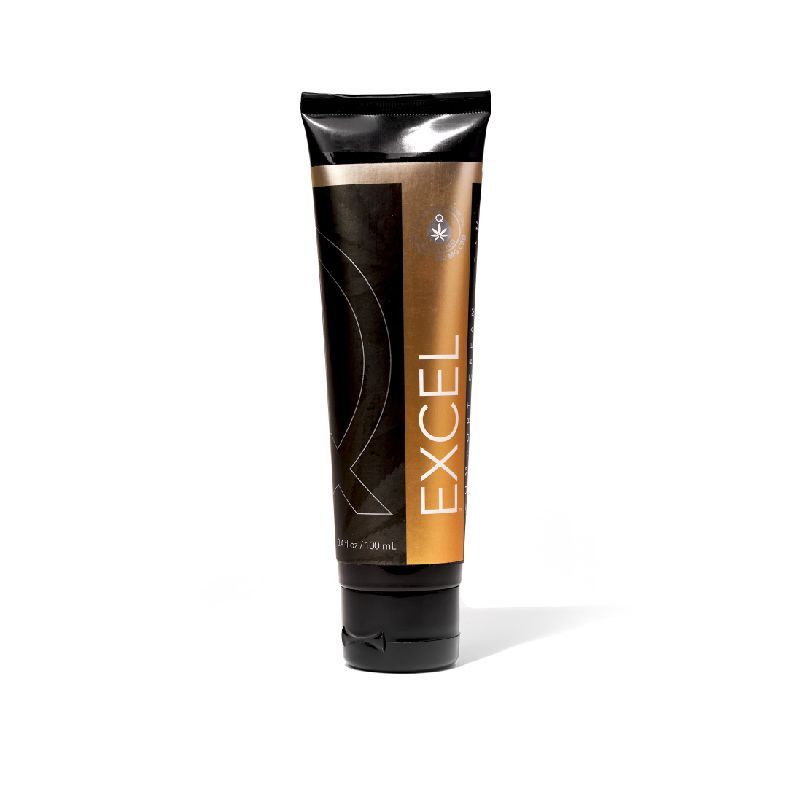 A sleek black and gold tube labeled "EXCEL" stands upright against a white background, suggesting a premium cosmetic or skincare product.
