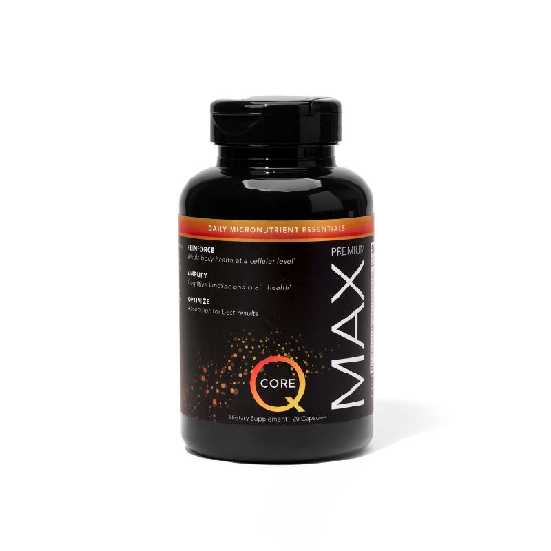 Black bottle of Q MAX Premium dietary supplement with an orange and black label. Text highlights benefits like cellular health, brain function, and absorption.