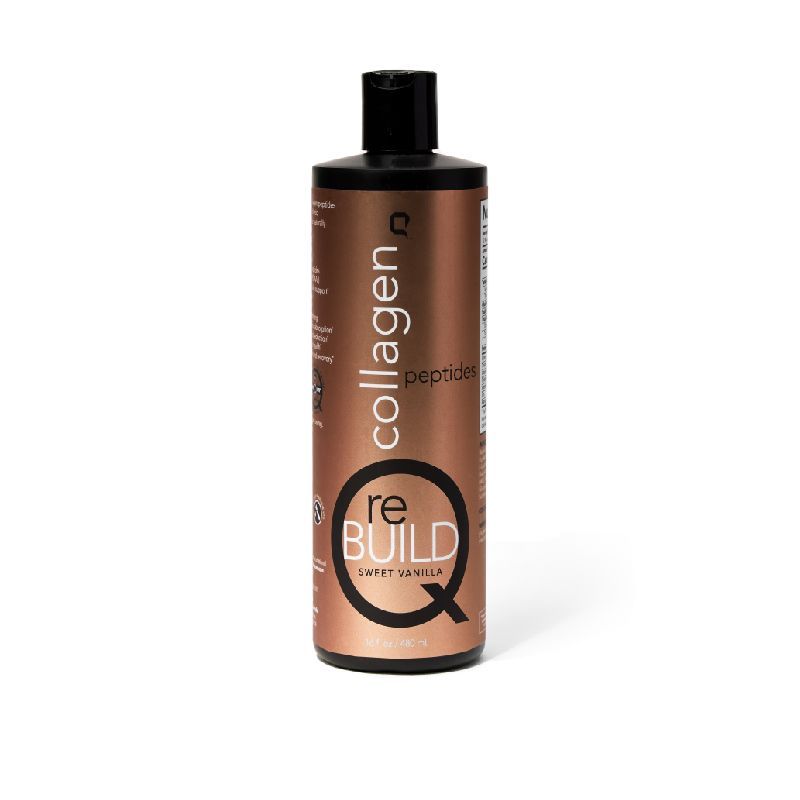 A bronze bottle of collagen peptides labeled "reBUILD Sweet Vanilla" with a black cap, designed for supplement use. Clean, professional look.