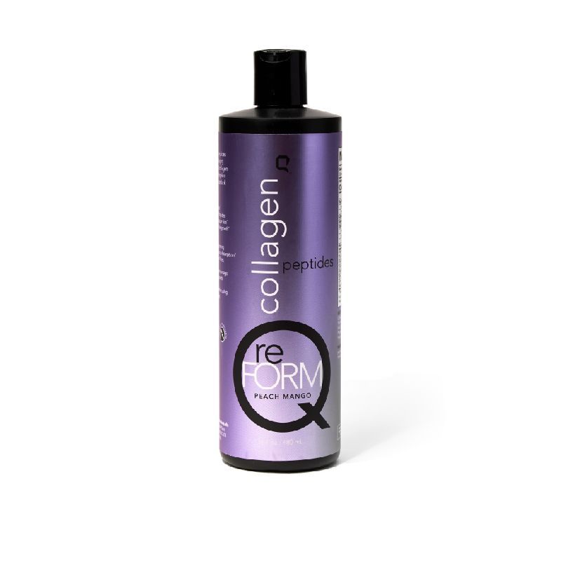 Purple bottle of collagen peptides labeled "reFORM Peach Mango." It features a bold black and white design, conveying a modern, health-focused tone.