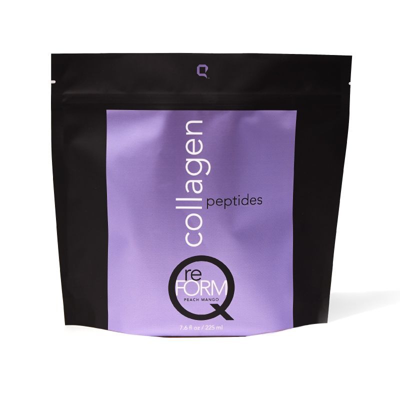 Black and purple packaging for collagen peptides with a minimalist design. The text reads “collagen,” “peptides,” and “reFORM,” conveying a modern, health-focused vibe.