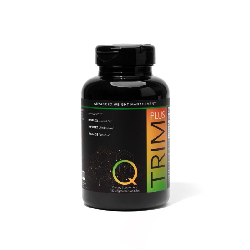 Black bottle of Q Trim Plus weight management supplement with colorful label. Highlights benefits like metabolism support and appetite management.