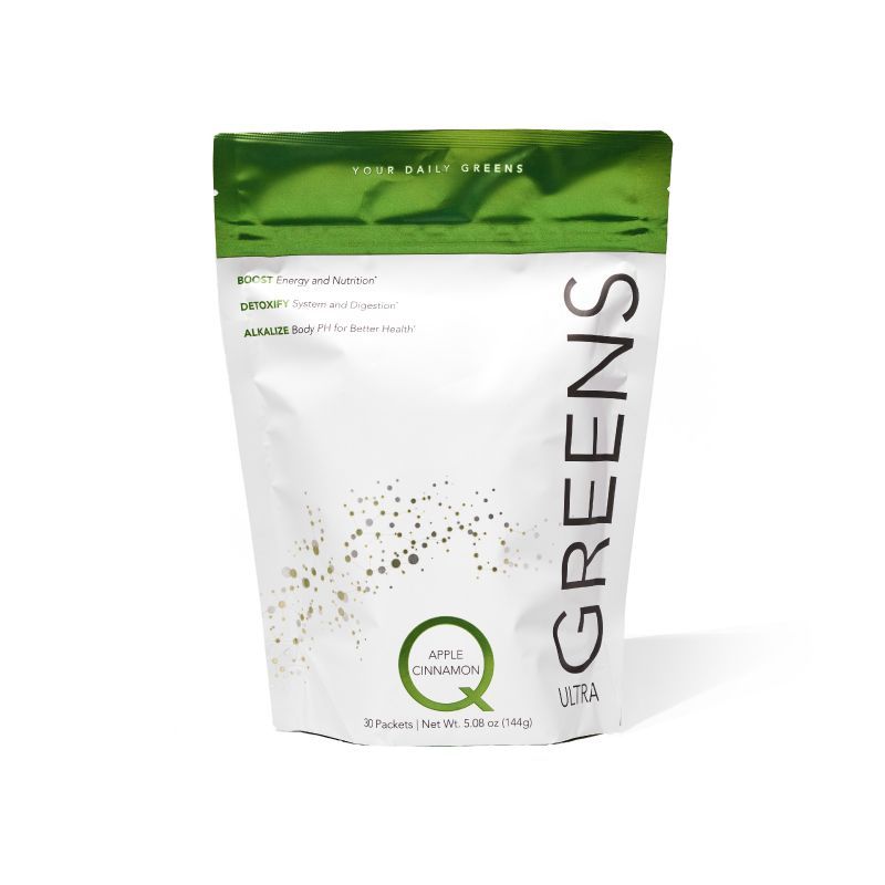 A white and green packet labeled "Your Daily Greens" with the words "Boost," "Detoxify," and "Alkalize." It features an "Apple Cinnamon" flavor and contains 30 packets.