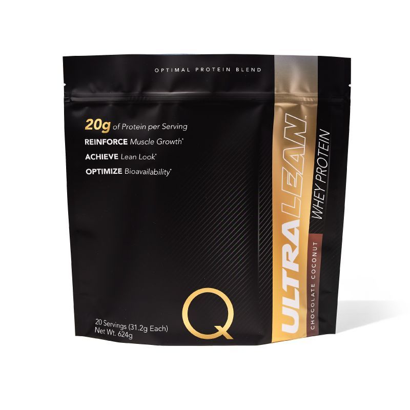 Black and gold protein powder package labeled "ULTRALEAN Whey Protein." It highlights benefits like muscle growth and bioavailability. Contains 20 servings.