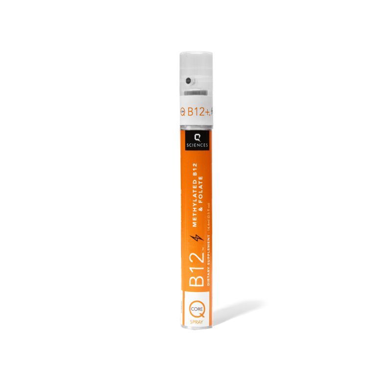 An orange and white spray bottle labeled "Methylated B12 & Folate" from Q Sciences. The design is sleek and modern, suggesting health and vitality.