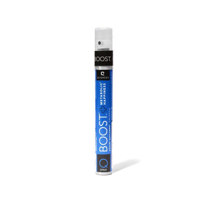 Thin, blue cylindrical spray bottle labeled "Boost Metabolic Happiness" by Q Sciences. White background, minimalistic and modern design.