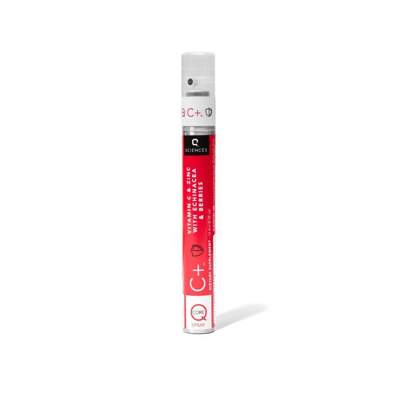 A slender spray bottle with red and white labeling, featuring "Vitamin C+ Zinc with Echinacea & Berries." The design is sleek and modern.