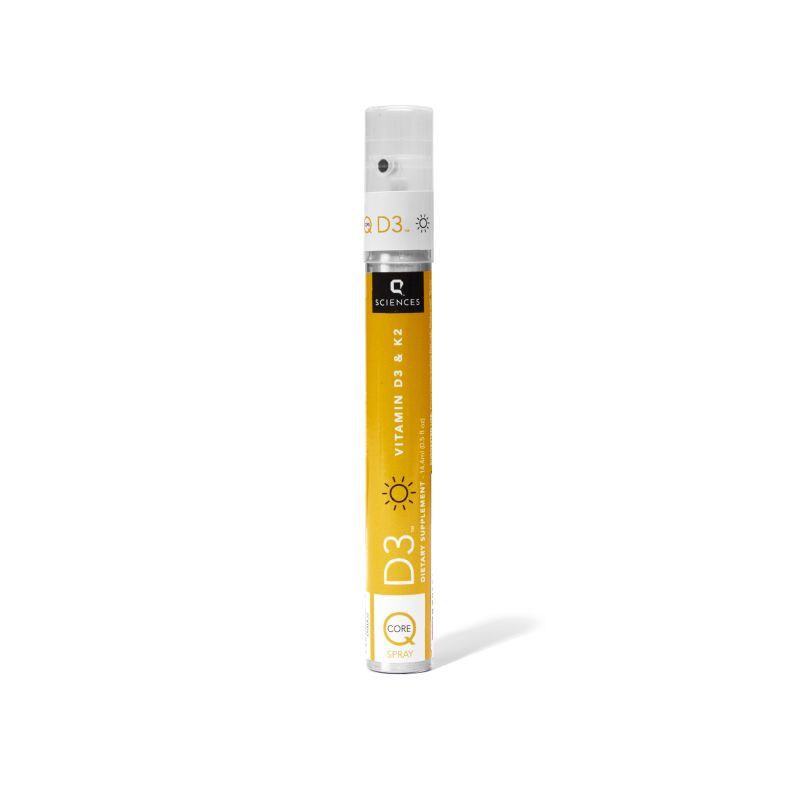 Vitamin D3 & K2 spray with yellow and white packaging, featuring a sun icon. The slim bottle emphasizes health and vitality.