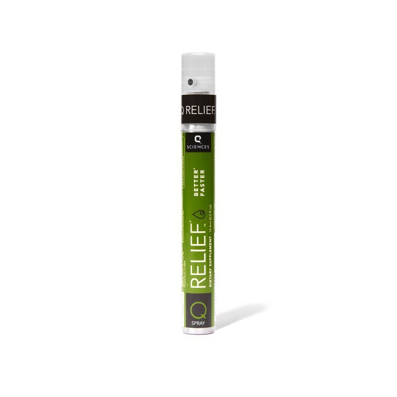 Thin cylindrical spray bottle with green and black label, "RELIEF" in bold white letters. Text reads "Better Faster" and "Dietary Supplement."