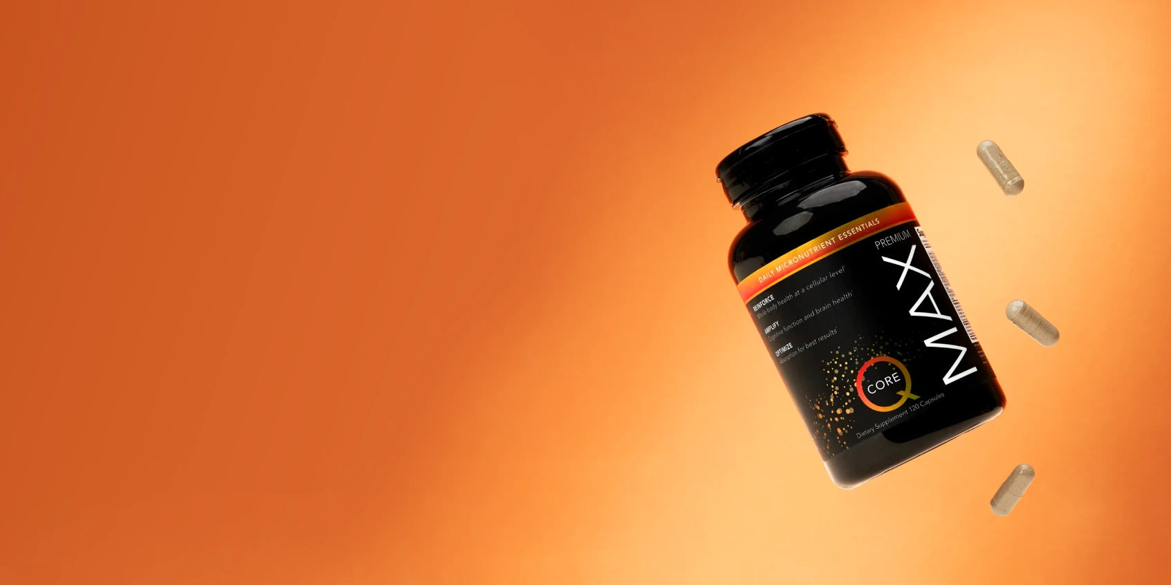 A black supplement bottle labeled "Core Max" is floating against an orange background with three capsules nearby, conveying health and vitality.