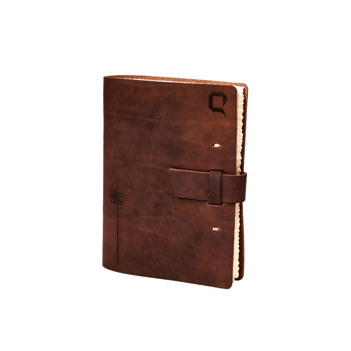 Brown leather journal with a strap closure and rustic texture, featuring etched geometric designs on the cover. It conveys a vintage, handcrafted feel.