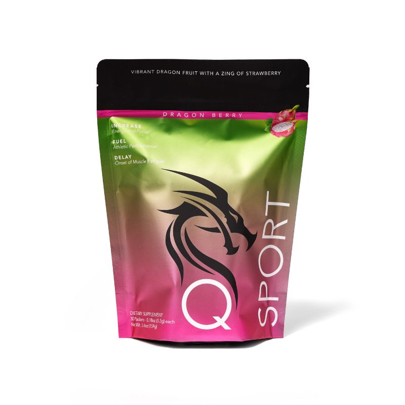 A vibrant green and pink package labeled "Q Sport" featuring a stylized dragon graphic. The flavor, "Dragon Berry," hints at dragon fruit and strawberry.