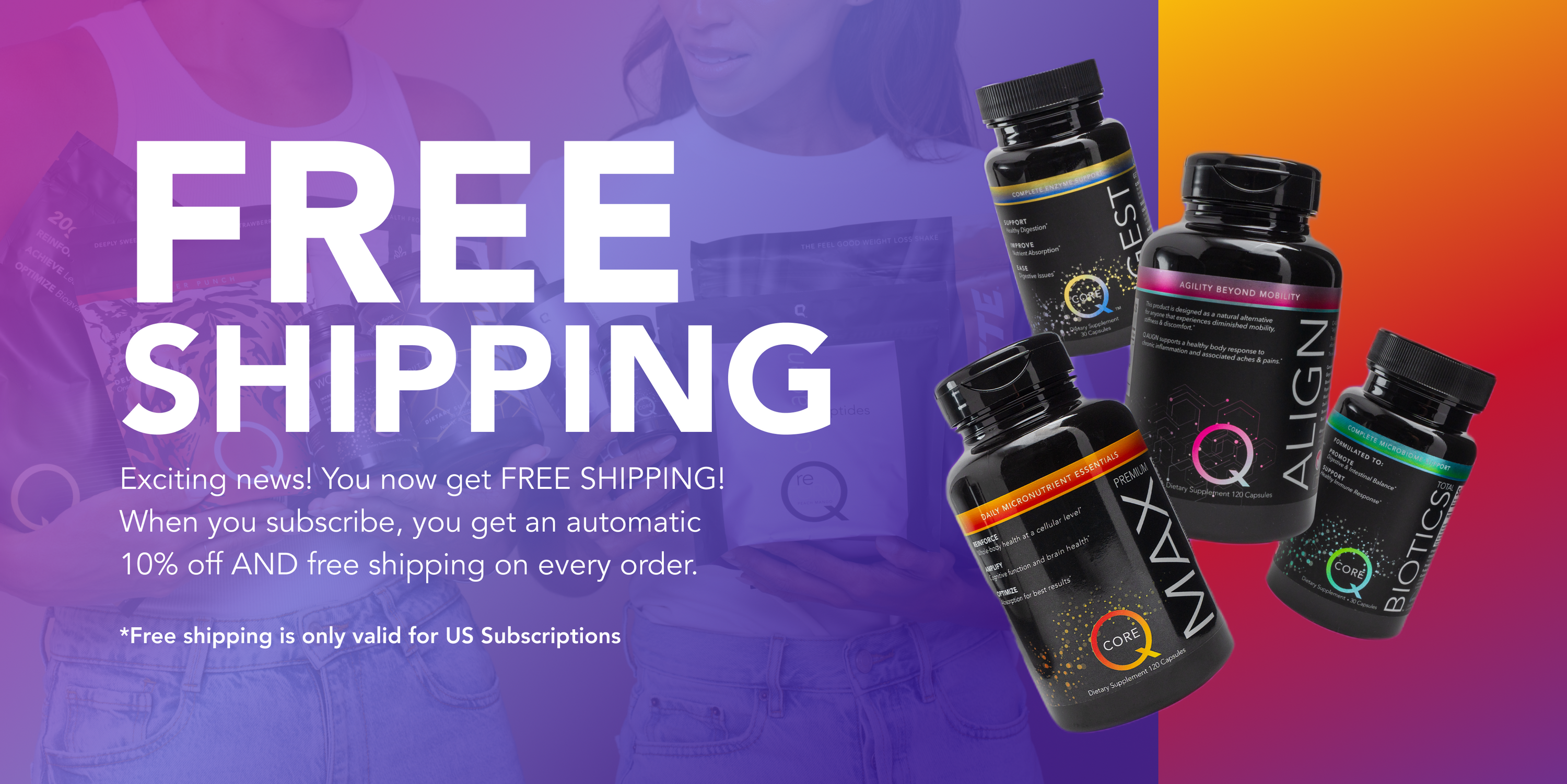 Supplement bottles with free shipping offer on a colorful background