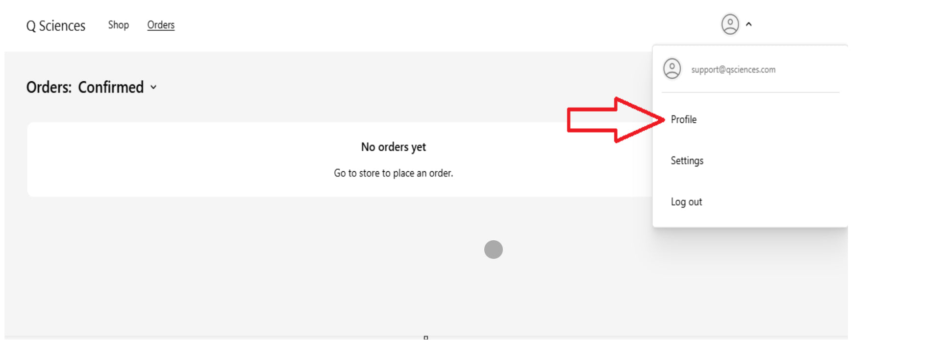 Website dashboard showing "Orders: Confirmed" with no orders yet. A red arrow points to a profile menu with options: Profile, Settings, Log out.