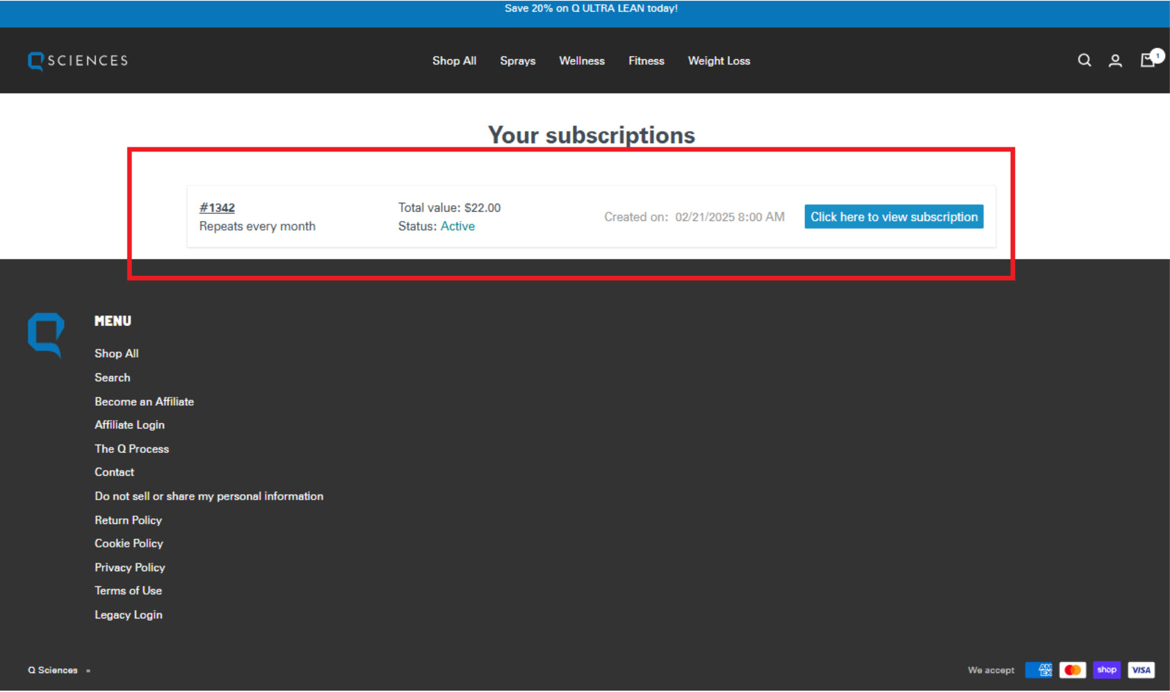 Website dashboard showing an active subscription, highlighted in red. Details: subscription #1342, $22 monthly. Menu options listed on the left.