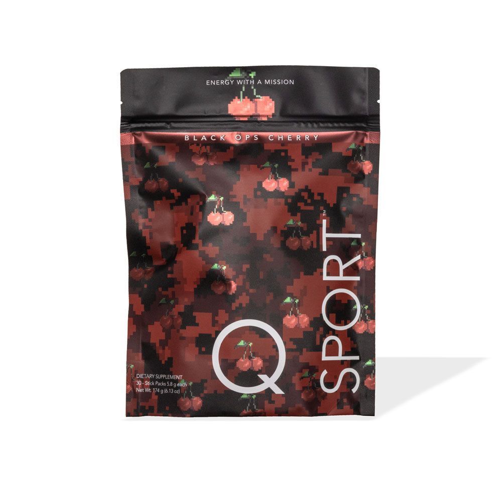 A black and red camouflage-style packaging for Q Sport "Black Ops Cherry" dietary supplement. It features cherries and the text "Energy with a Mission."