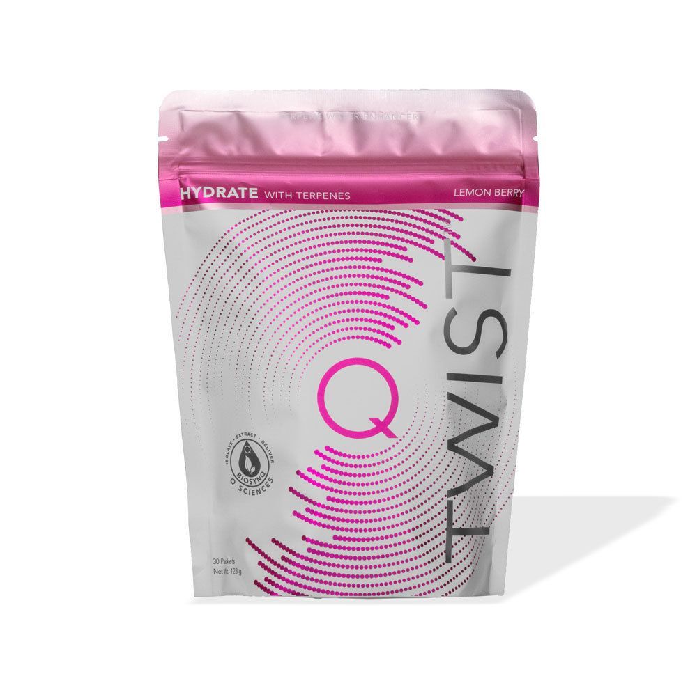Silver and pink pouch with "Q Twist" vertical text. Magenta dots form half-circles around "Q." Label reads "Hydrate with Terpenes, Lemon Berry." Clean, modern design.