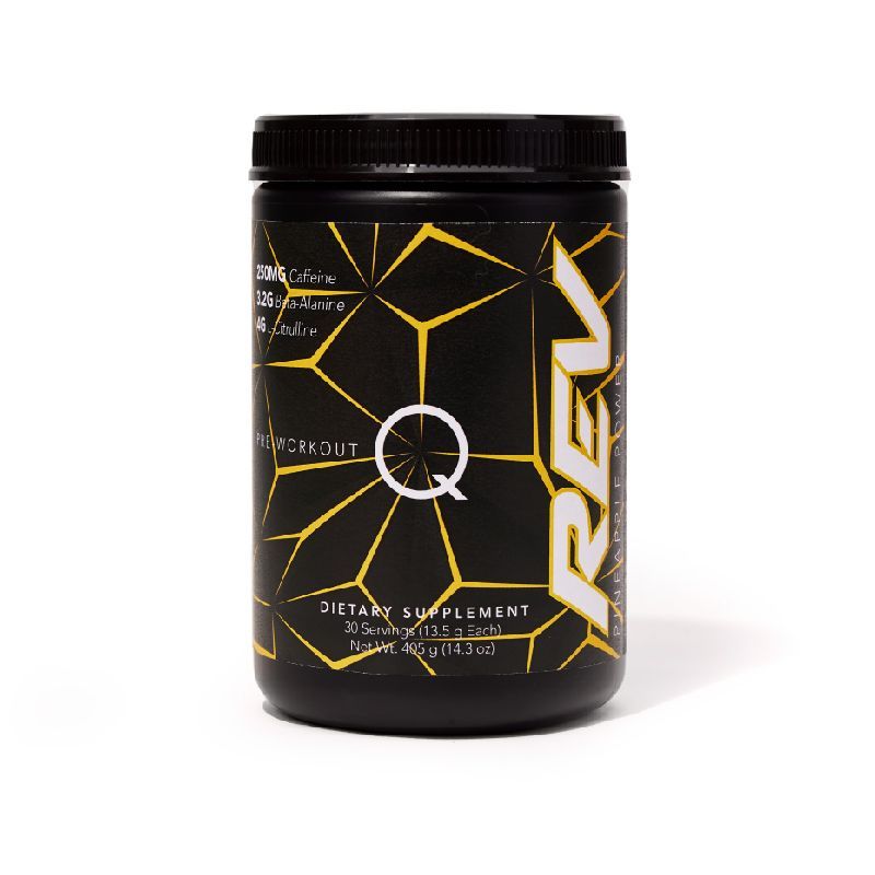 Black container of dietary supplement with a geometric yellow design. Features "REV" text in bold, highlights caffeine and beta-alanine content.