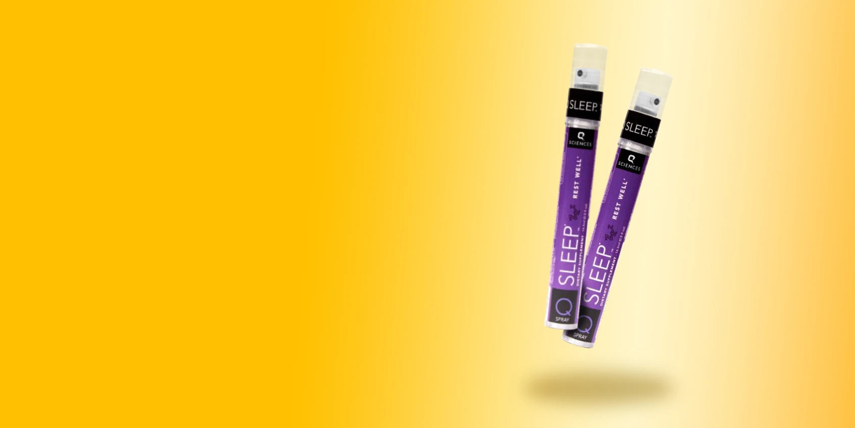 Two purple and black sleep aid spray bottles float against a gradient yellow background, conveying calmness and relaxation.